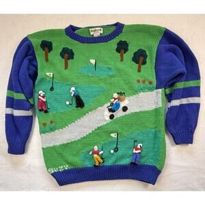 Handmade cotton sweater 3-d golf blue green 42 inch bust Coastal